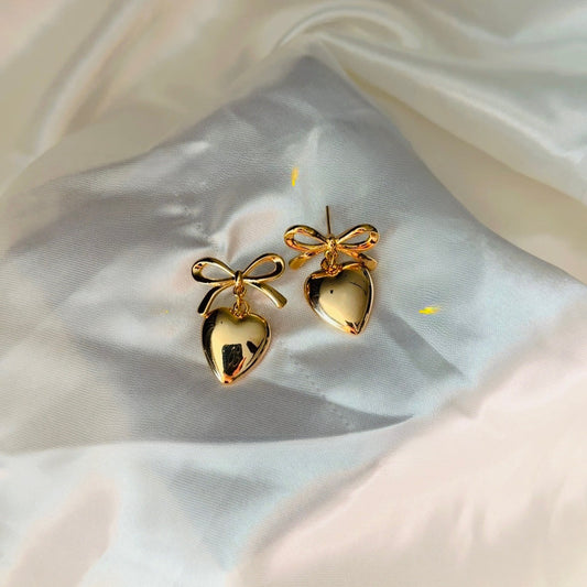 Golden Bow Heart Earrings